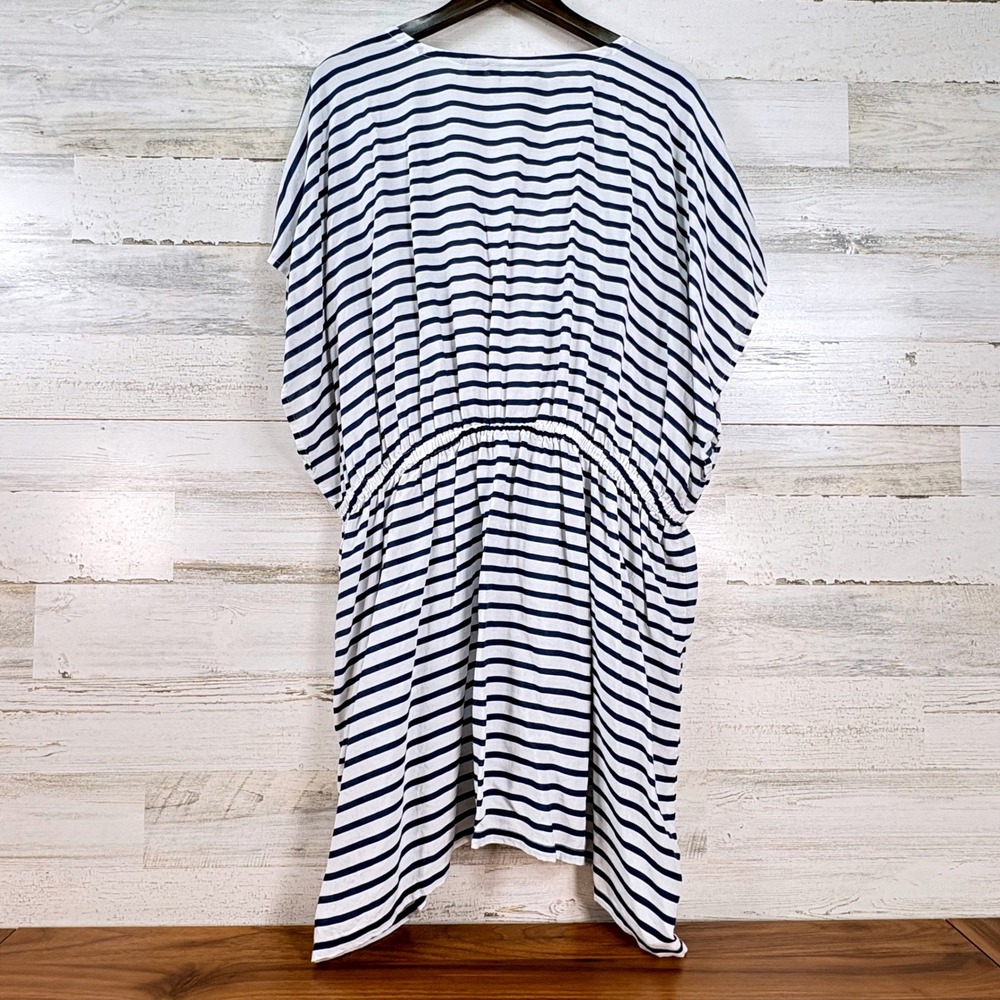 Lands' End Navy and White Striped V-Neck Drawstring Swim Coverup - Picture 2 of 8